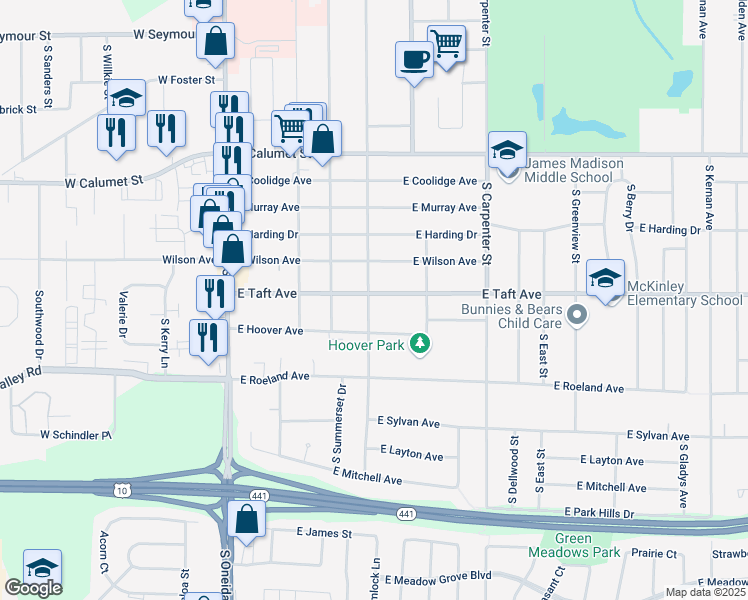 map of restaurants, bars, coffee shops, grocery stores, and more near 501 East Taft Avenue in Appleton