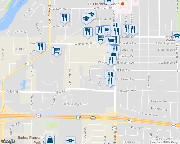 map of restaurants, bars, coffee shops, grocery stores, and more near 56 Valerie Drive in Appleton