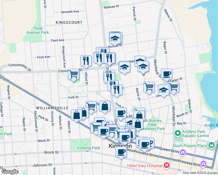 map of restaurants, bars, coffee shops, grocery stores, and more near in Kingston