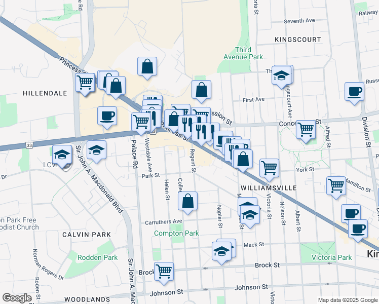 map of restaurants, bars, coffee shops, grocery stores, and more near 890 Princess Street in Kingston