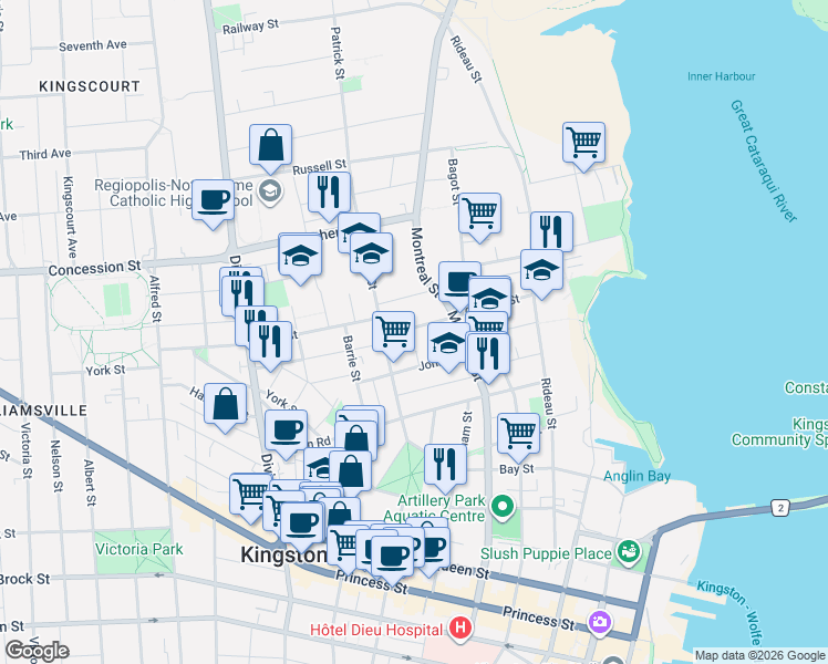 map of restaurants, bars, coffee shops, grocery stores, and more near 126 Charles Street in Kingston