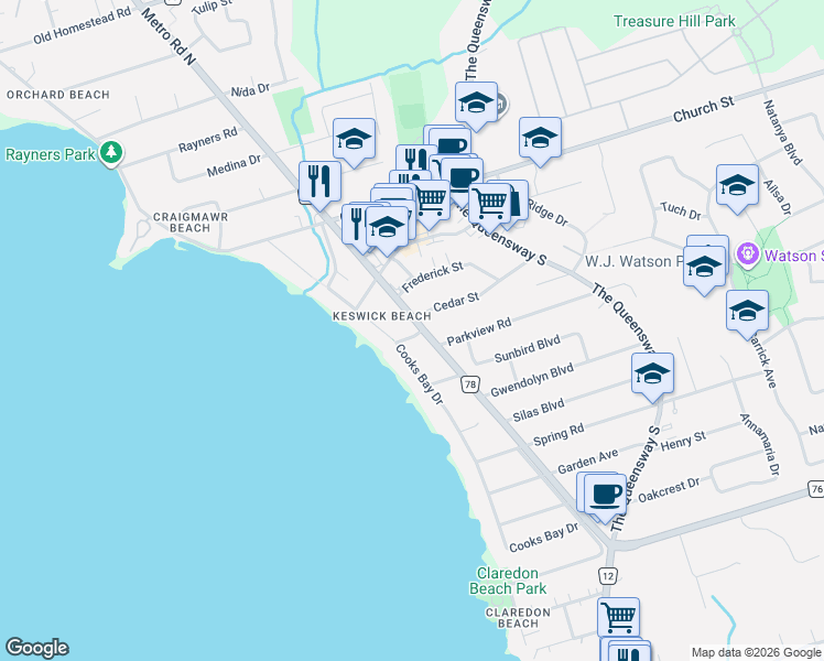 map of restaurants, bars, coffee shops, grocery stores, and more near in Georgina