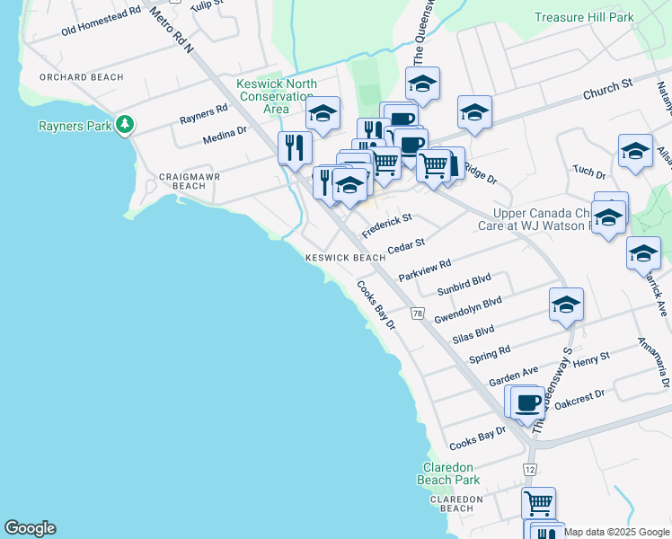 map of restaurants, bars, coffee shops, grocery stores, and more near 44 Metropolitan Crescent in Georgina