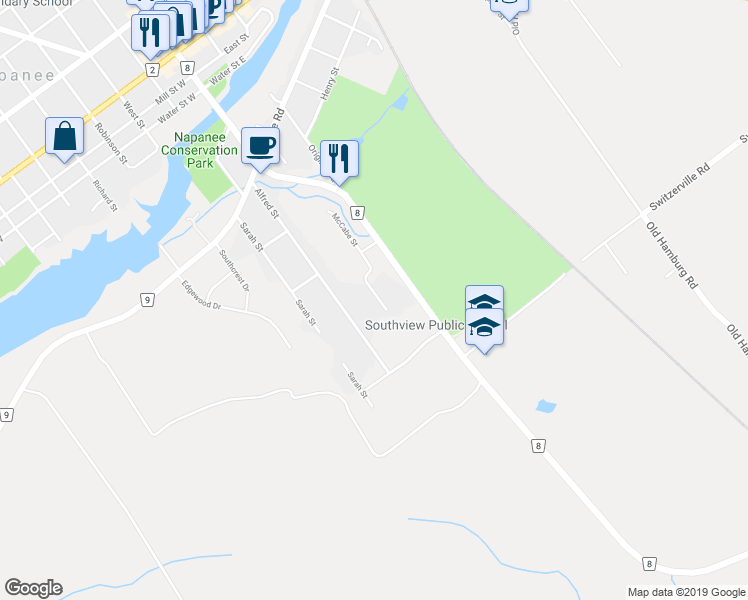 map of restaurants, bars, coffee shops, grocery stores, and more near 72 McCabe Street in Napanee