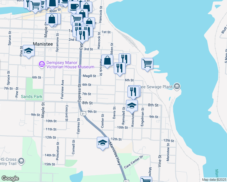 map of restaurants, bars, coffee shops, grocery stores, and more near 628 Davis Street in Manistee