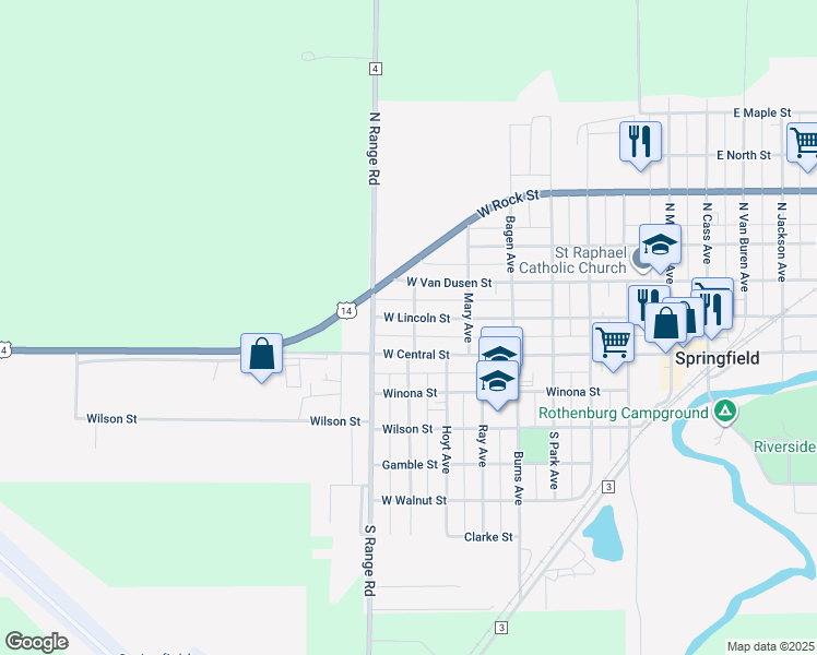 map of restaurants, bars, coffee shops, grocery stores, and more near 702 West Central Street in Springfield