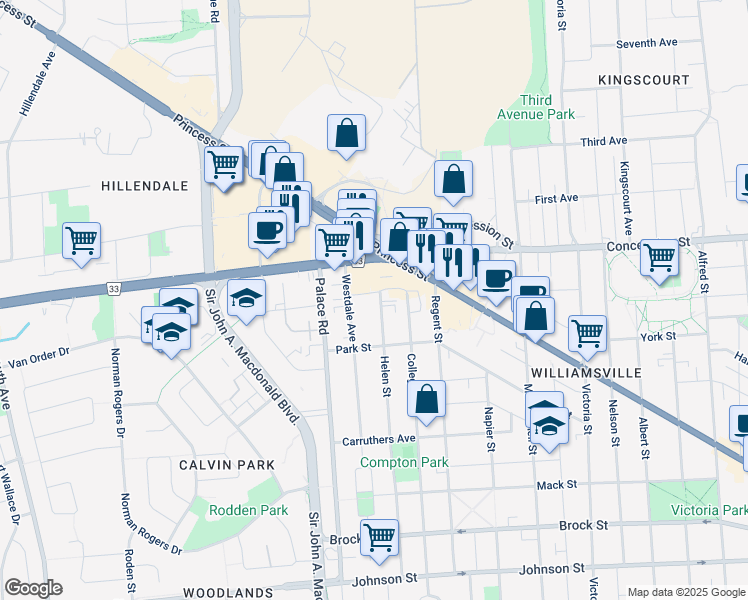 map of restaurants, bars, coffee shops, grocery stores, and more near 300 Helen Street in Kingston