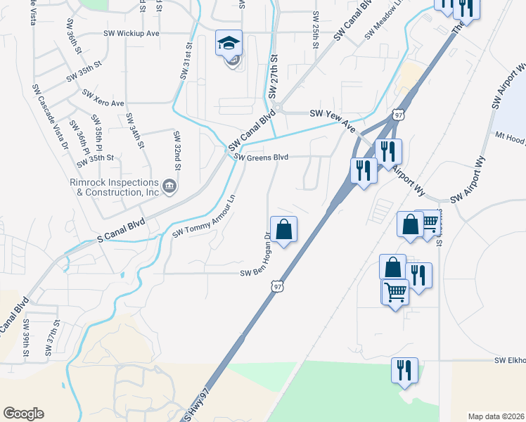 map of restaurants, bars, coffee shops, grocery stores, and more near 3985 Southwest Ben Hogan Drive in Redmond