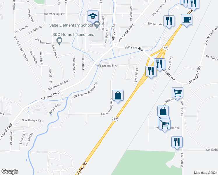 map of restaurants, bars, coffee shops, grocery stores, and more near 3955 Southwest Ben Hogan Drive in Redmond