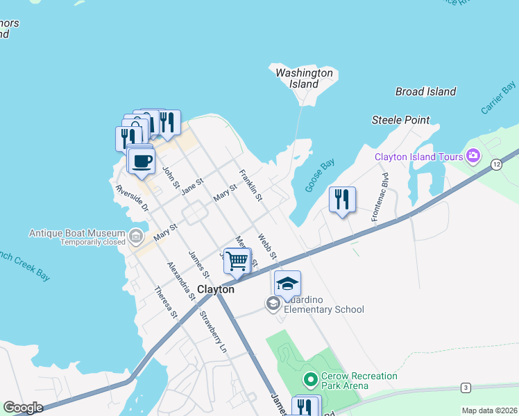map of restaurants, bars, coffee shops, grocery stores, and more near 326 Franklin Street in Clayton