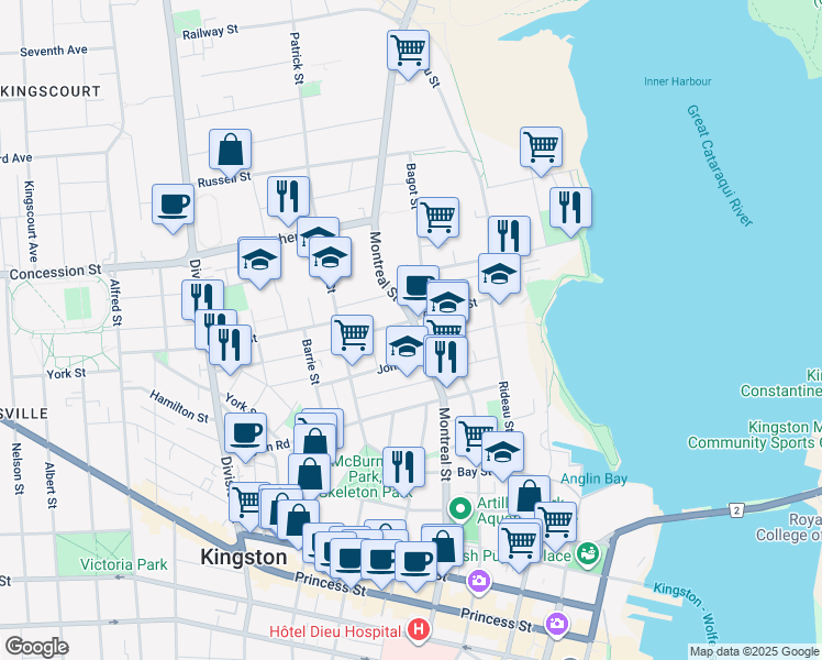 map of restaurants, bars, coffee shops, grocery stores, and more near 286A Montreal Street in Kingston