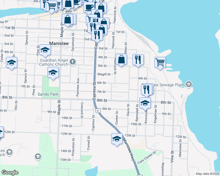 map of restaurants, bars, coffee shops, grocery stores, and more near 280 7th Street in Manistee