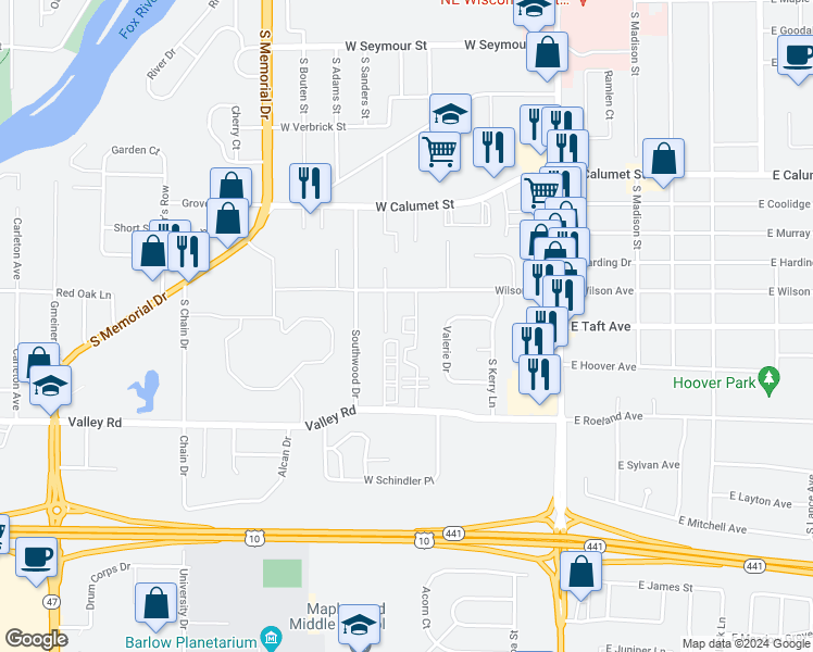 map of restaurants, bars, coffee shops, grocery stores, and more near 21 Honey Lou Court in Appleton