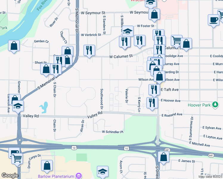 map of restaurants, bars, coffee shops, grocery stores, and more near 21 Honey Lou Court in Appleton