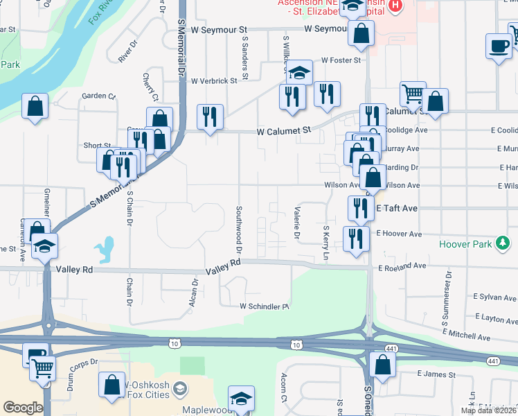 map of restaurants, bars, coffee shops, grocery stores, and more near 2512 Southwood Drive in Appleton