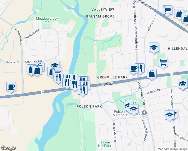 map of restaurants, bars, coffee shops, grocery stores, and more near 309 Queen Mary Road in Kingston