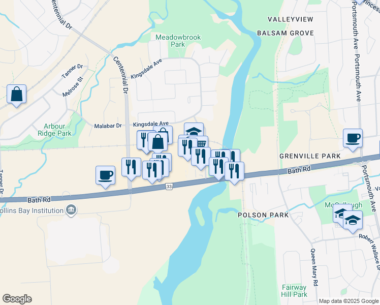 map of restaurants, bars, coffee shops, grocery stores, and more near 1296 Bath Road in Kingston