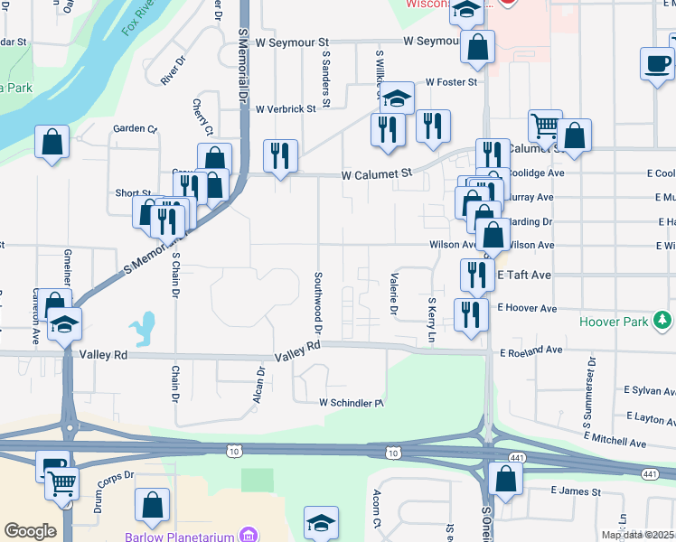 map of restaurants, bars, coffee shops, grocery stores, and more near 2512 Southwood Drive in Appleton
