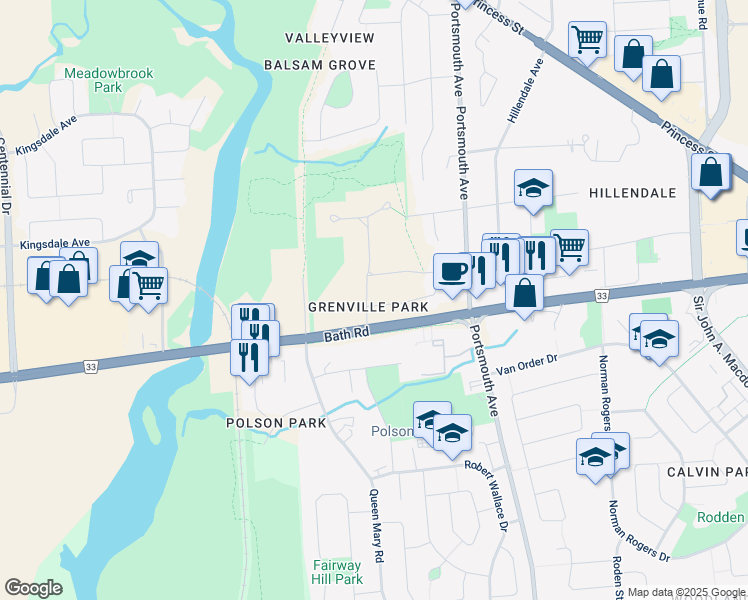 map of restaurants, bars, coffee shops, grocery stores, and more near 1 Grenville Road in Kingston