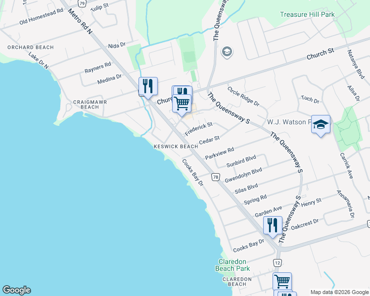 map of restaurants, bars, coffee shops, grocery stores, and more near in Georgina