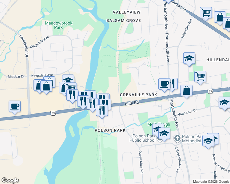 map of restaurants, bars, coffee shops, grocery stores, and more near 334 Queen Mary Road in Kingston