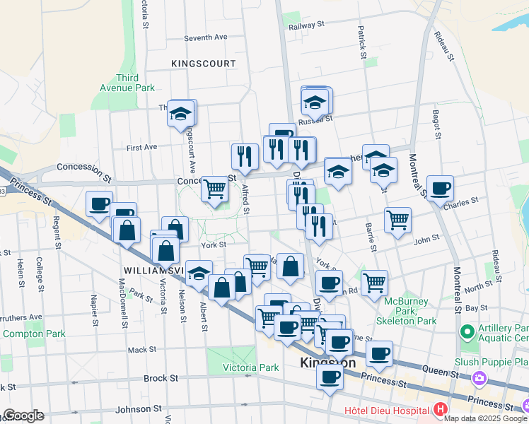 map of restaurants, bars, coffee shops, grocery stores, and more near in Kingston