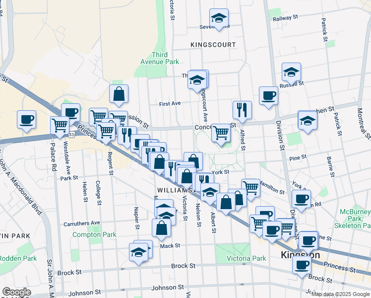 map of restaurants, bars, coffee shops, grocery stores, and more near 631 Victoria Street in Kingston