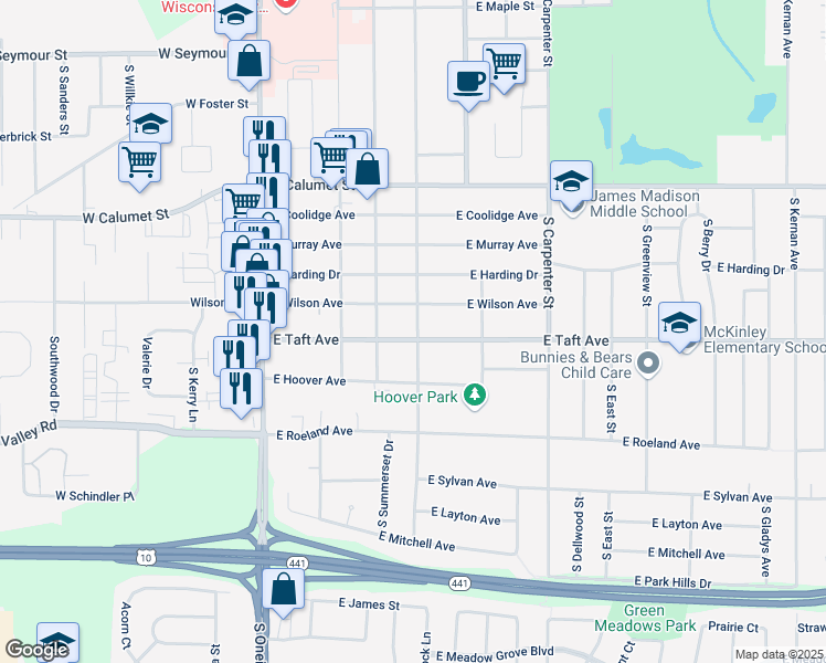 map of restaurants, bars, coffee shops, grocery stores, and more near 501 East Taft Avenue in Appleton
