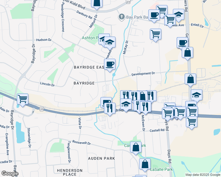 map of restaurants, bars, coffee shops, grocery stores, and more near 847 Development Drive in Kingston