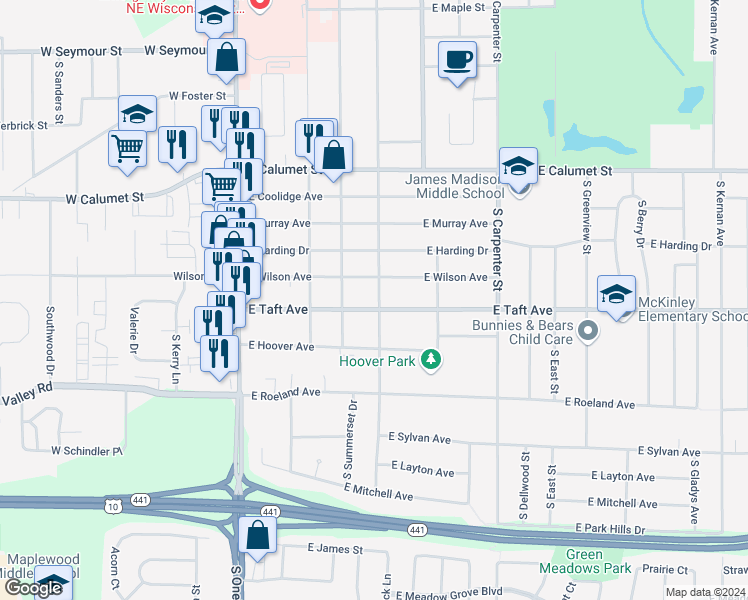 map of restaurants, bars, coffee shops, grocery stores, and more near 2419 South Jackson Street in Appleton