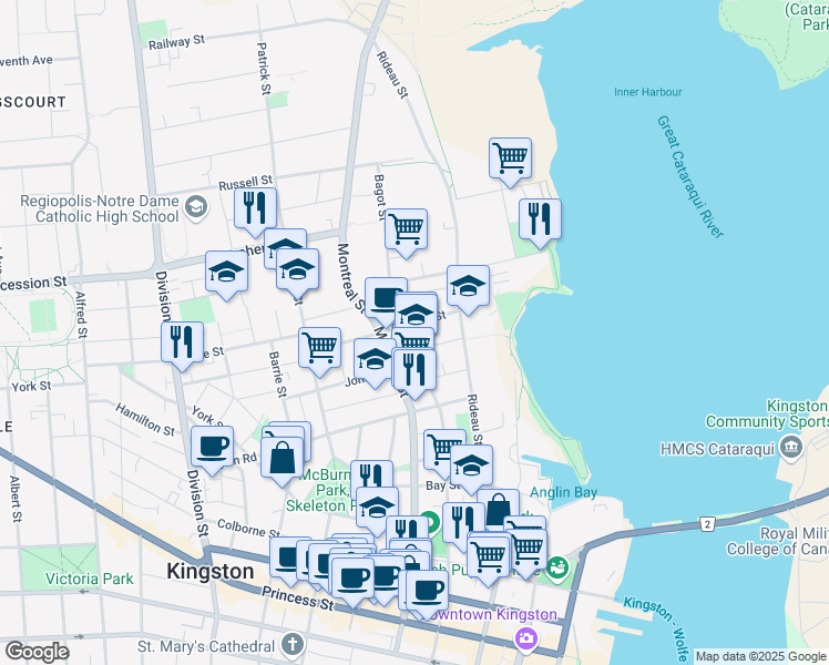 map of restaurants, bars, coffee shops, grocery stores, and more near in Kingston