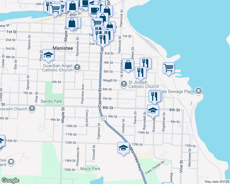 map of restaurants, bars, coffee shops, grocery stores, and more near 280 7th Street in Manistee