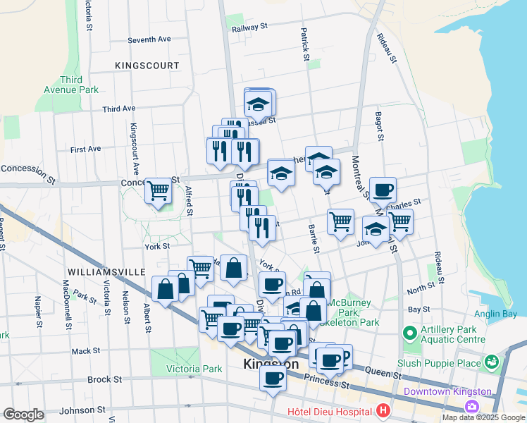 map of restaurants, bars, coffee shops, grocery stores, and more near in Kingston