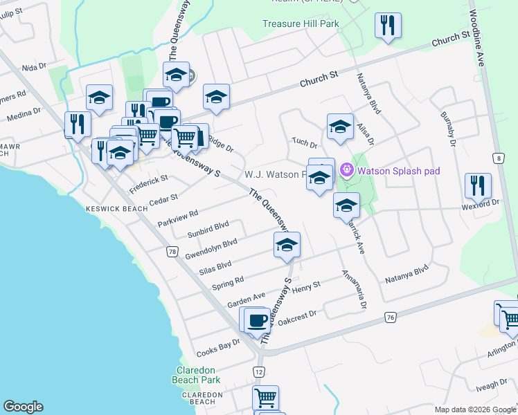 map of restaurants, bars, coffee shops, grocery stores, and more near in Georgina