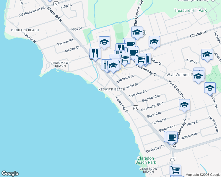 map of restaurants, bars, coffee shops, grocery stores, and more near 39 Metropolitan Crescent in Georgina