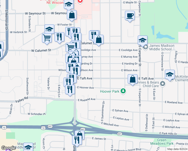 map of restaurants, bars, coffee shops, grocery stores, and more near 2420 South Madison Street in Appleton