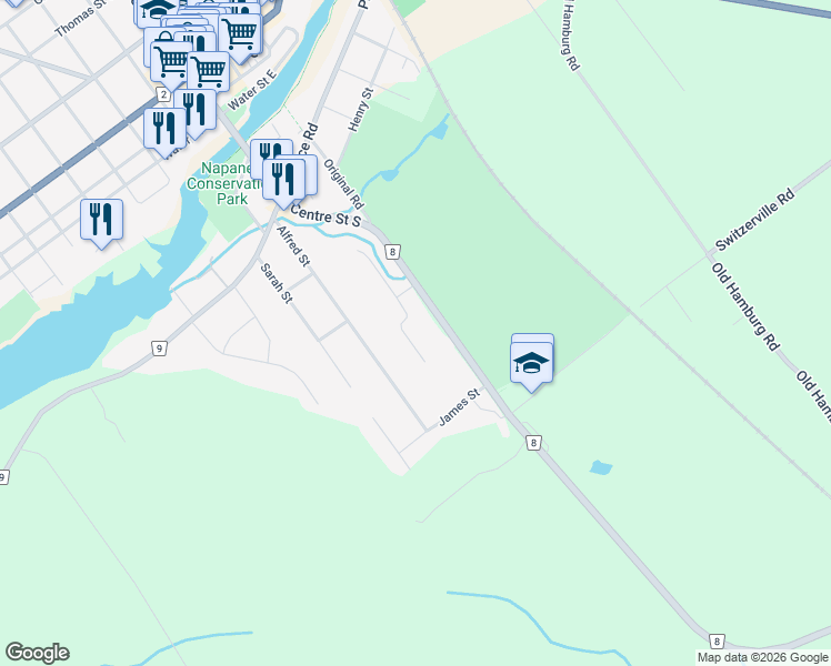 map of restaurants, bars, coffee shops, grocery stores, and more near 72 McCabe Street in Napanee