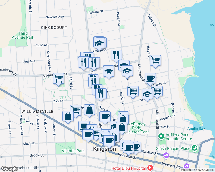 map of restaurants, bars, coffee shops, grocery stores, and more near 84 Pine Street in Kingston