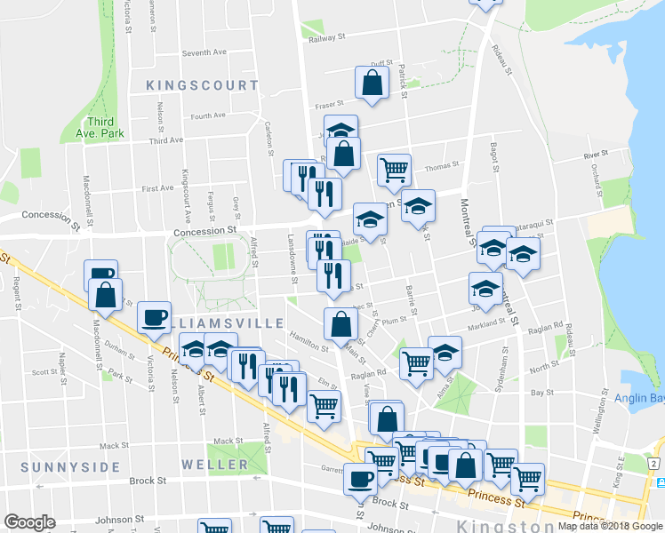 map of restaurants, bars, coffee shops, grocery stores, and more near in Kingston