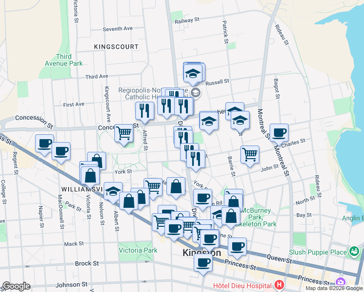 map of restaurants, bars, coffee shops, grocery stores, and more near in Kingston