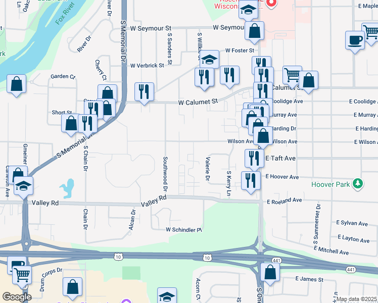 map of restaurants, bars, coffee shops, grocery stores, and more near 21 Honey Lou Court in Appleton