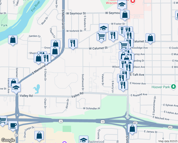 map of restaurants, bars, coffee shops, grocery stores, and more near 2512 Southwood Drive in Appleton