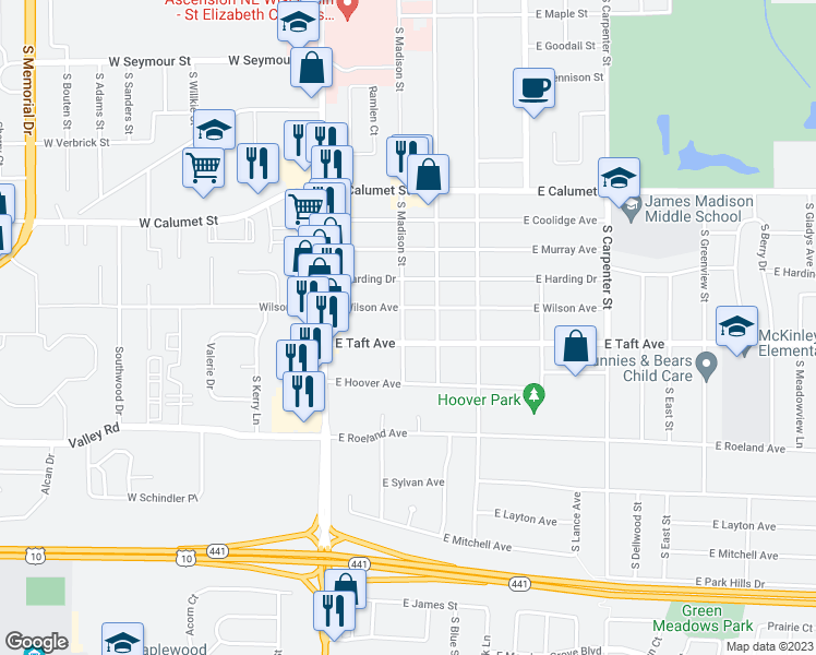 map of restaurants, bars, coffee shops, grocery stores, and more near 2418 South Madison Street in Appleton