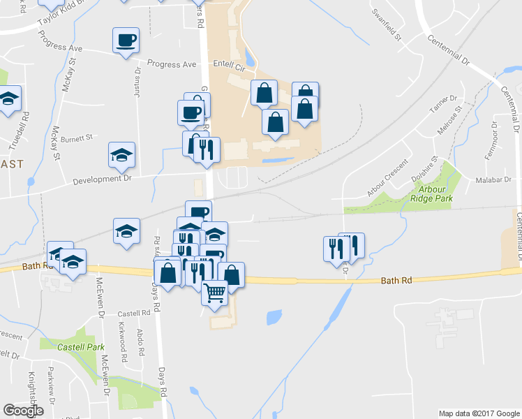 map of restaurants, bars, coffee shops, grocery stores, and more near 546 Gardiners Road in Kingston