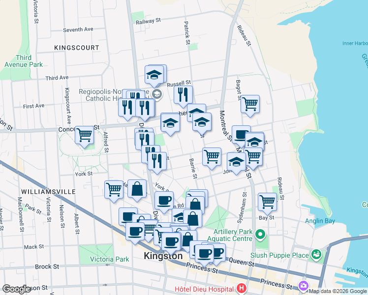 map of restaurants, bars, coffee shops, grocery stores, and more near 15 Cowdy Street in Kingston