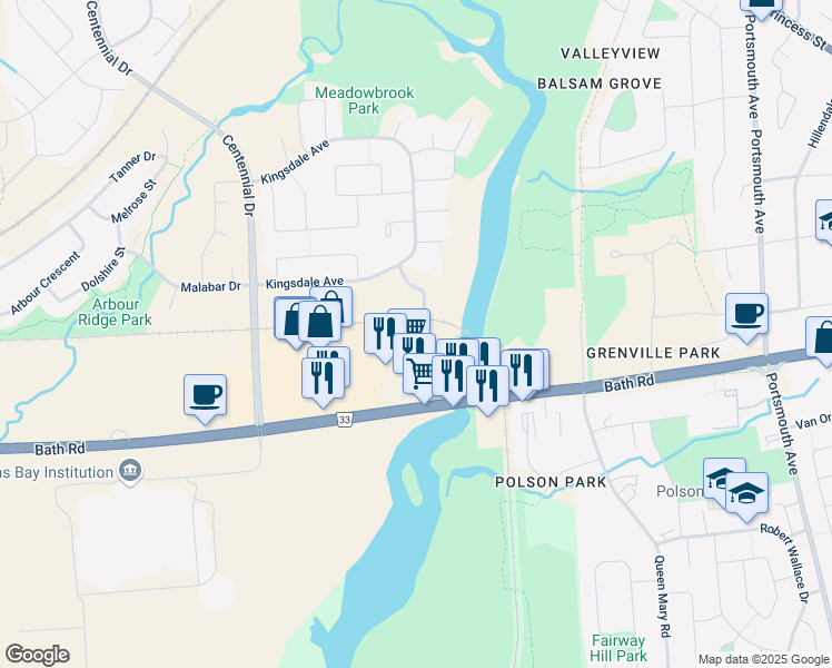 map of restaurants, bars, coffee shops, grocery stores, and more near 545 Armstrong Road in Kingston