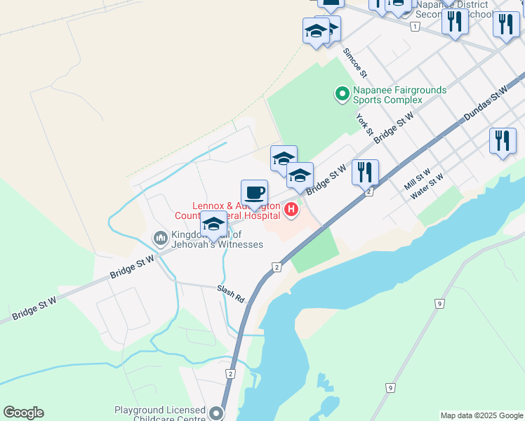 map of restaurants, bars, coffee shops, grocery stores, and more near 542 Bridge Street West in Napanee