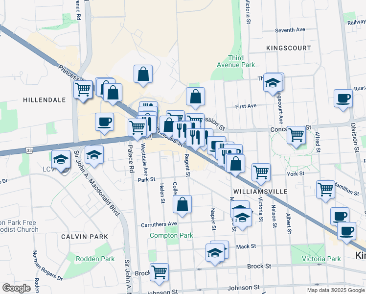 map of restaurants, bars, coffee shops, grocery stores, and more near 890 Princess St in Kingston