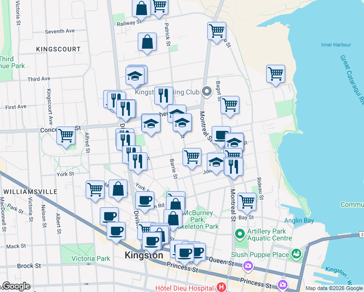 map of restaurants, bars, coffee shops, grocery stores, and more near 140 Patrick Street in Kingston