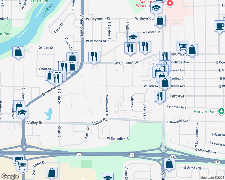 map of restaurants, bars, coffee shops, grocery stores, and more near 2323 Woodrow Court in Appleton
